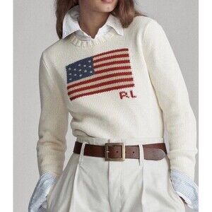 Polo Ralph Lauren American Flag Crew Neck Knit Sweater Women’s Sz XS Cream NWOT